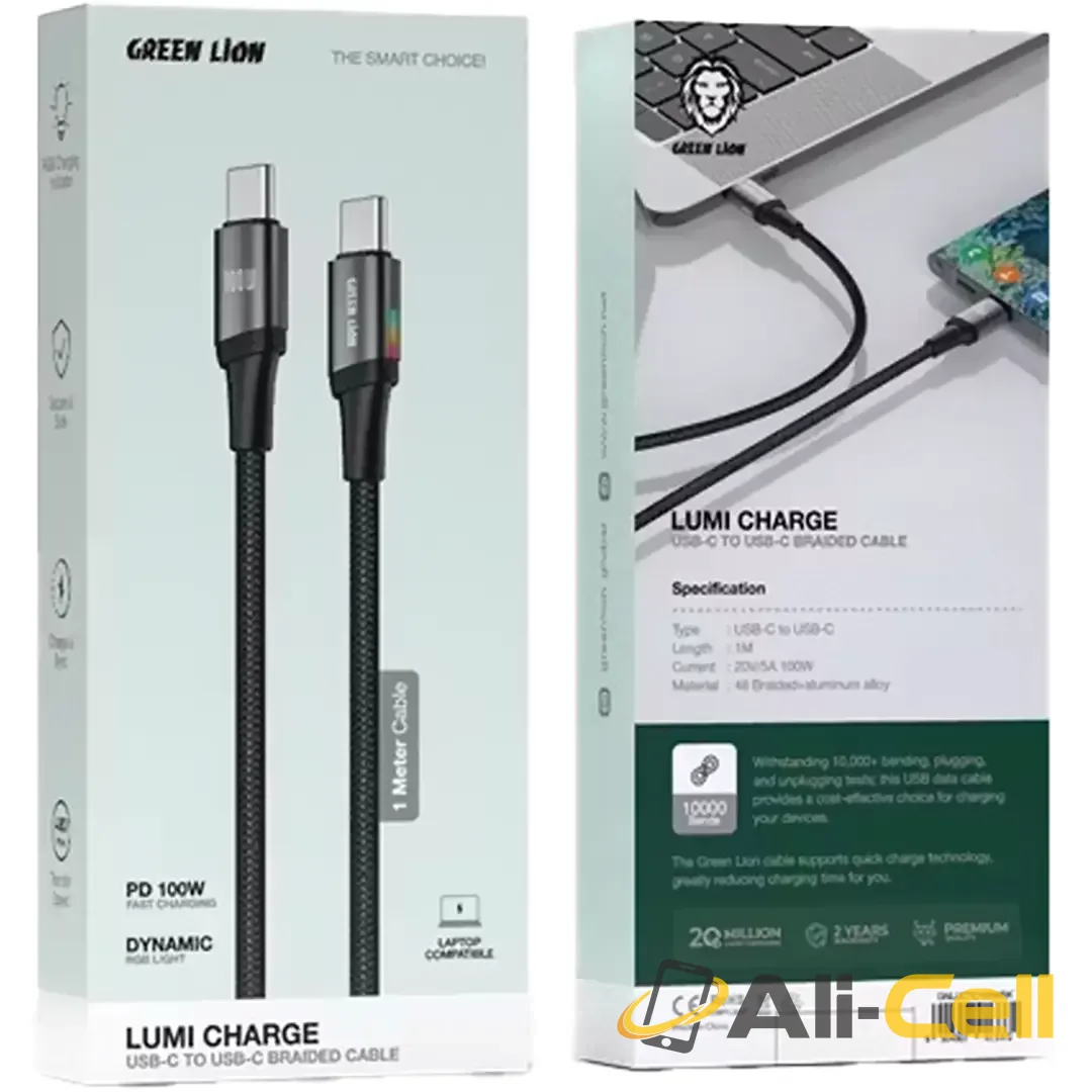 Green Lion Lumi Charge USB-C to USB-C 1m Braided Cable PD 100W - Black — 2