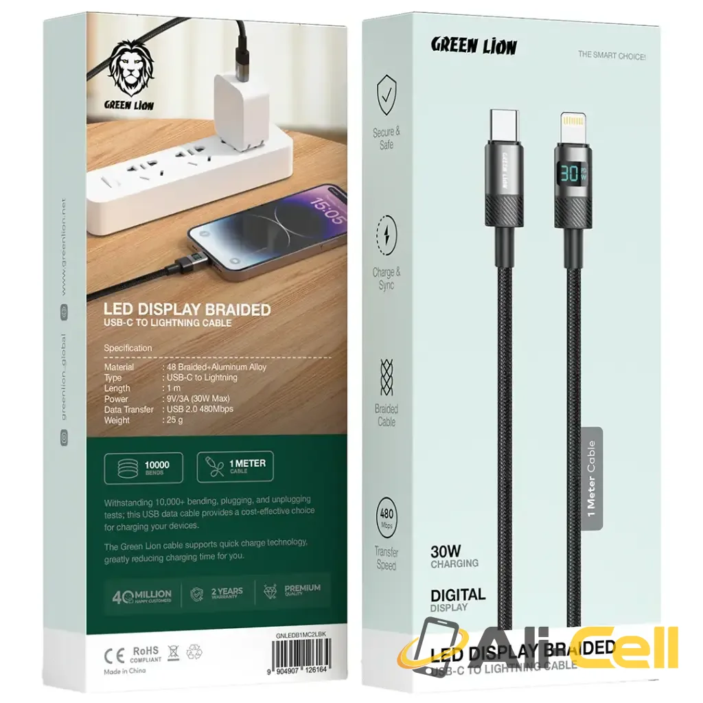 Green Lion LED Display Braided USB-C to Lightning Cable - Black — 2