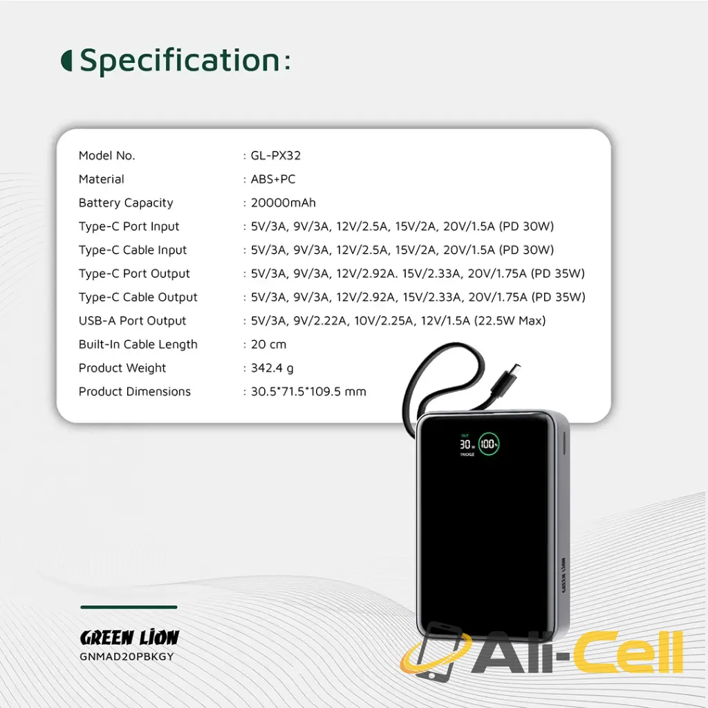 Green Lion Madrid 20 Power Bank 20000mAh PD 35W - Gray — 2