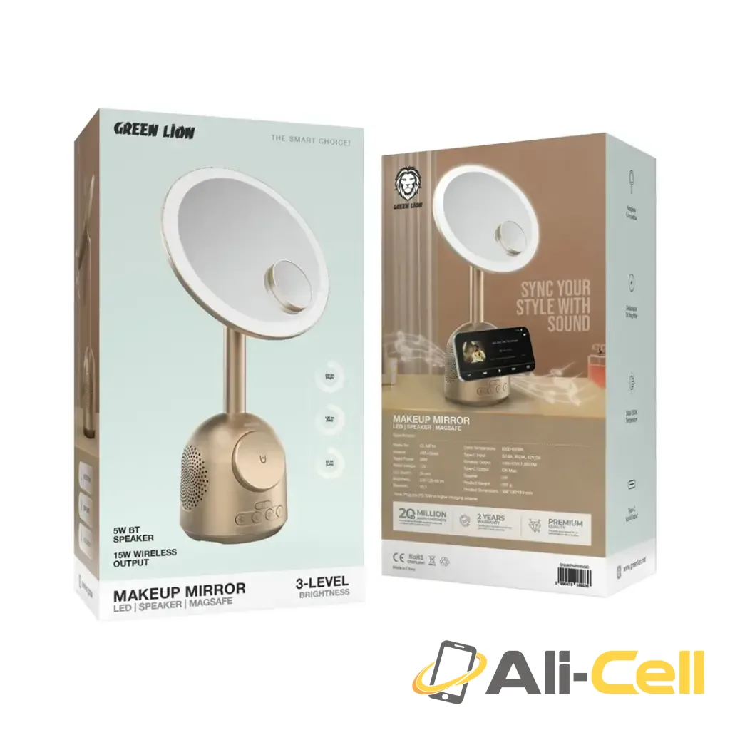 Green Lion Makeup Mirror with Speaker and MagSafe Charger - Gold — 2