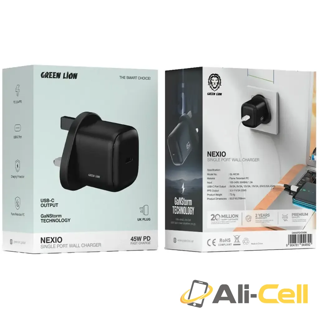 Green Lion Nexio Single Port Wall Charger UK Plug 45W - Black — 2