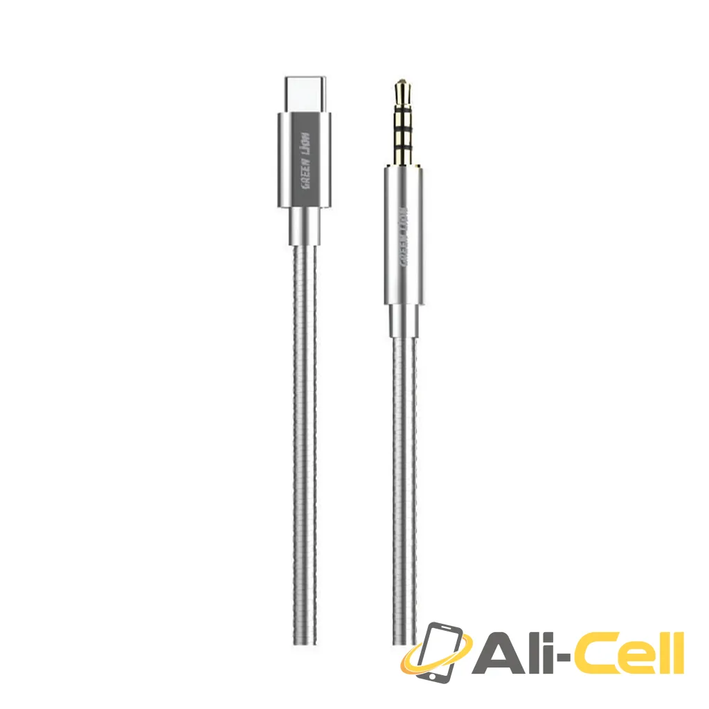 Green Lion Non-MFi USB-C to AUX 3.5mm Stainless Steel Plating Cable 90cm- Silver