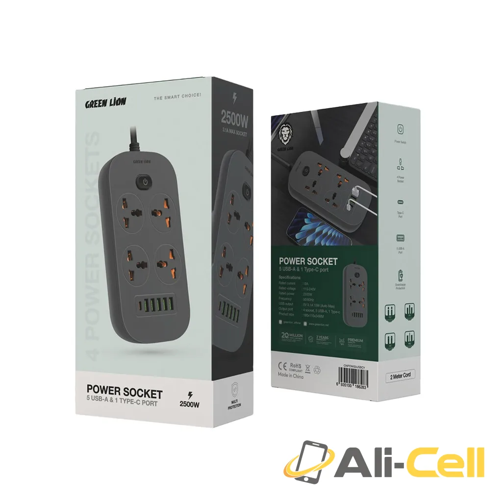 Green Lion Power Socket 5 USB - A & 1 Type - C - Gray — 2