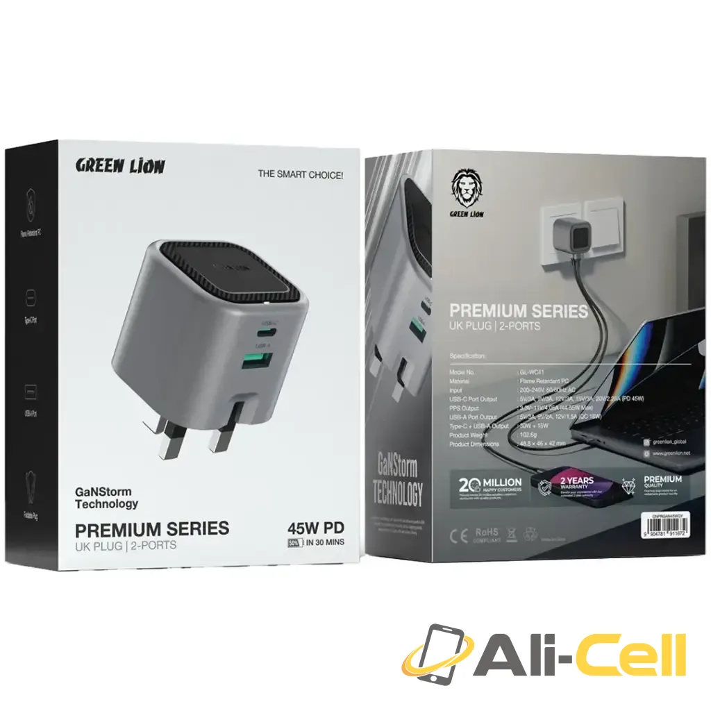 Green Lion Premium Series GaN Charger UK Plug PD 45W - Gray — 2