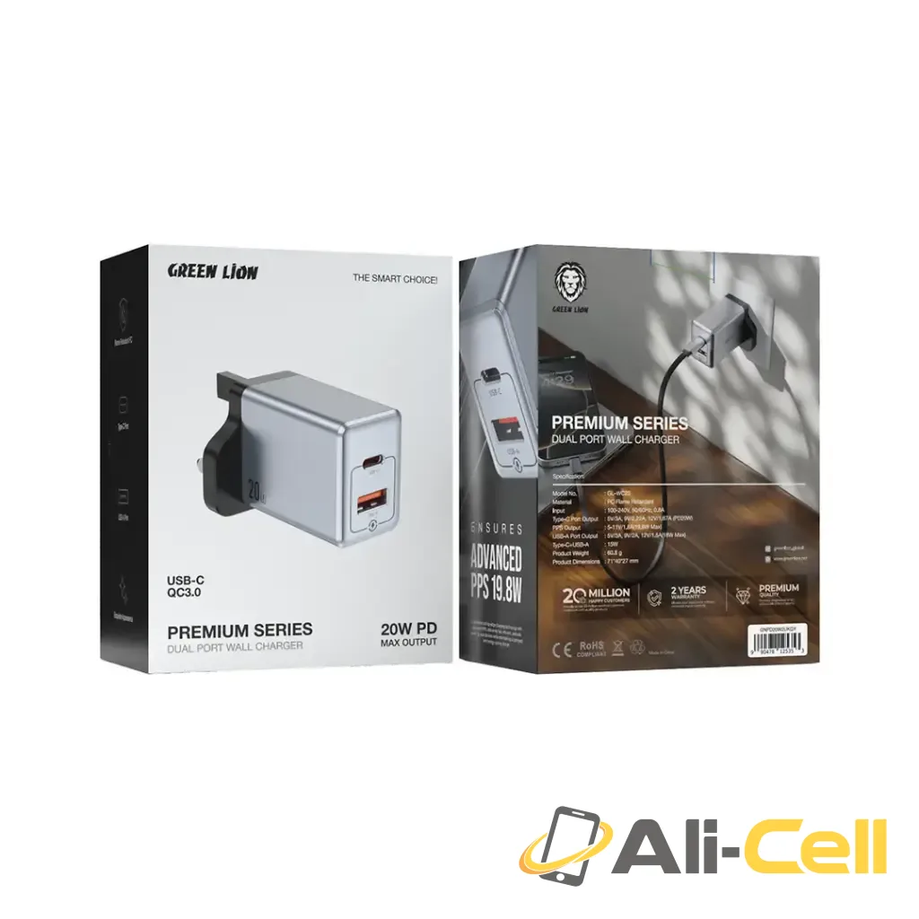 Green Lion Premium Series Dual Port Wall Charger 20W - Gray — 2
