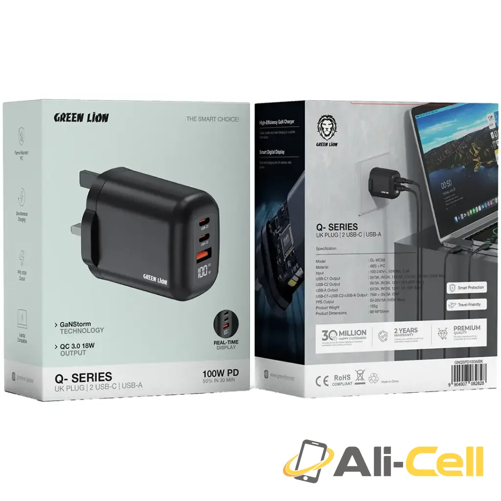 Green Lion Q-Series UK Plug 2 USB-C & USB-A Charger - Black — 2