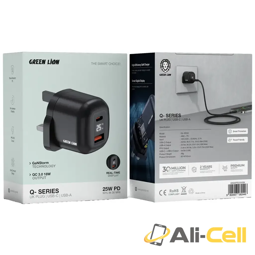 Green Lion Q-Series UK Plug USB-C & USB-A - Black — 2