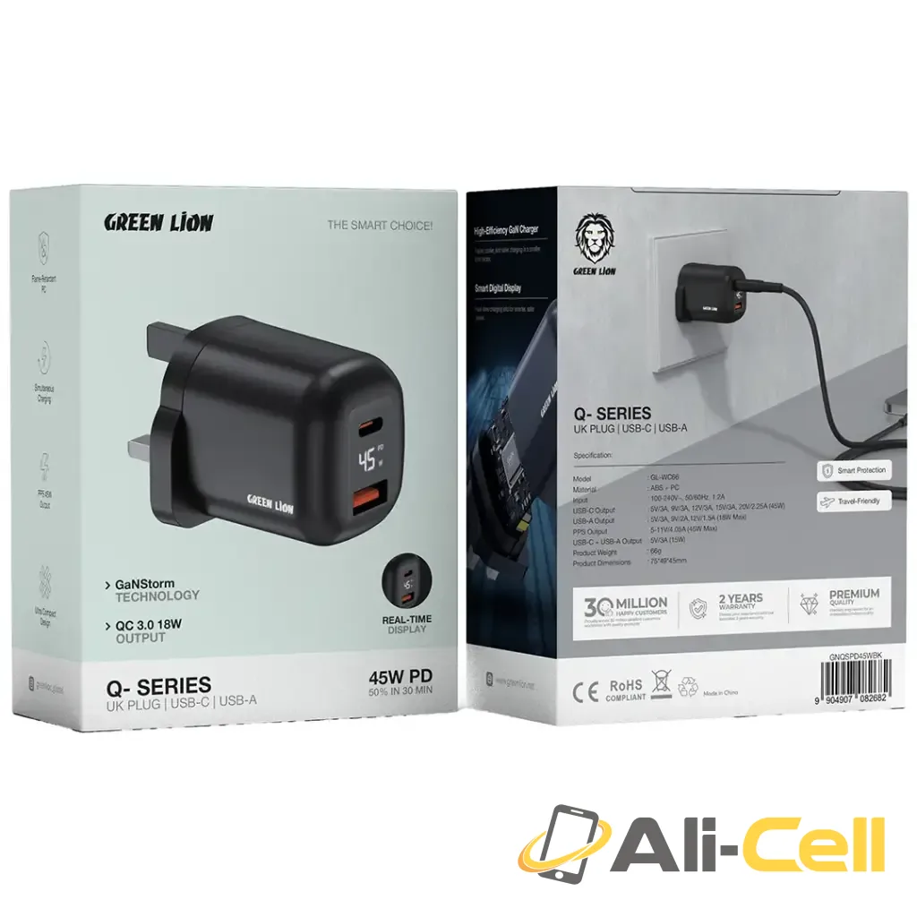Green Lion Q-Series UK Plug USB-C & USB-A - Black — 2