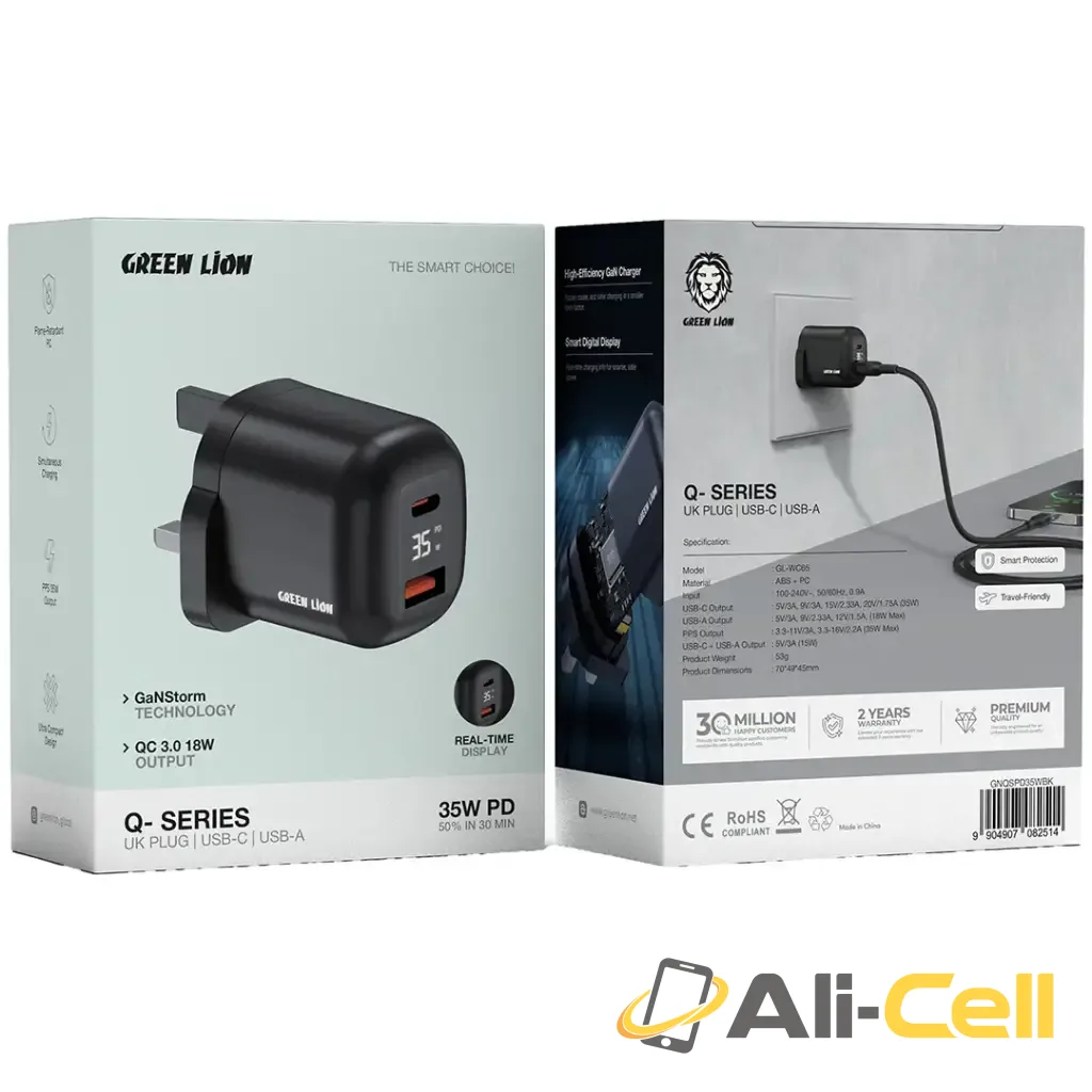 Green Lion Q-Series UK Plug USB-C & USB-A - Black — 2