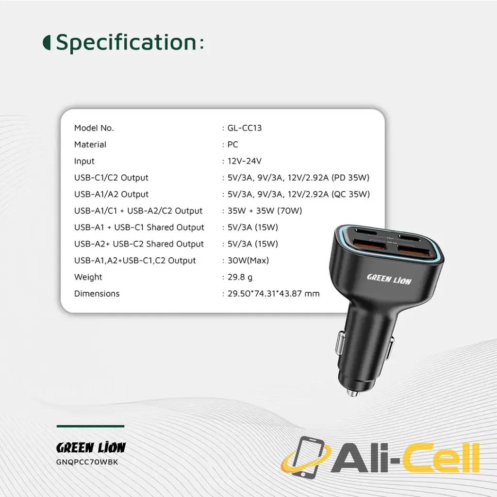 Green Lion Quad Port 70W Car Charger - Black — 2