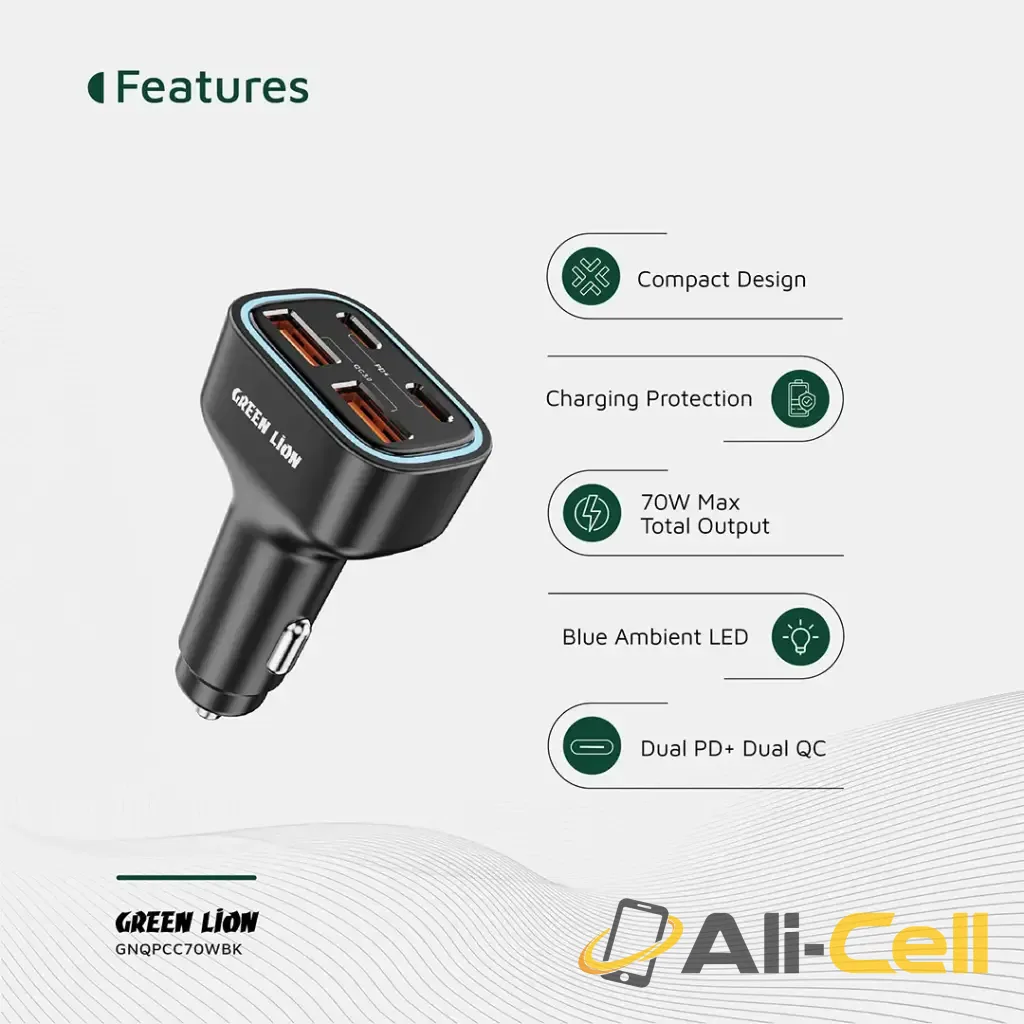Green Lion Quad Port 70W Car Charger - Black — 3