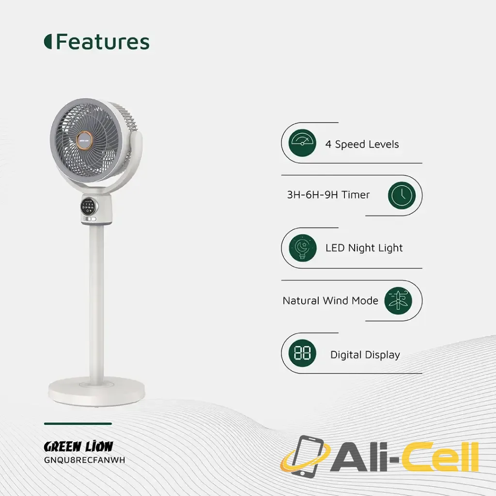 Green Lion Quad Flex Fan Rechargeable 8-Inch 3-Blade - White — 3
