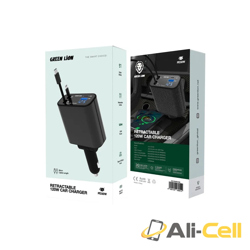 Green Lion Retractable 120W Car Charger - Black — 2