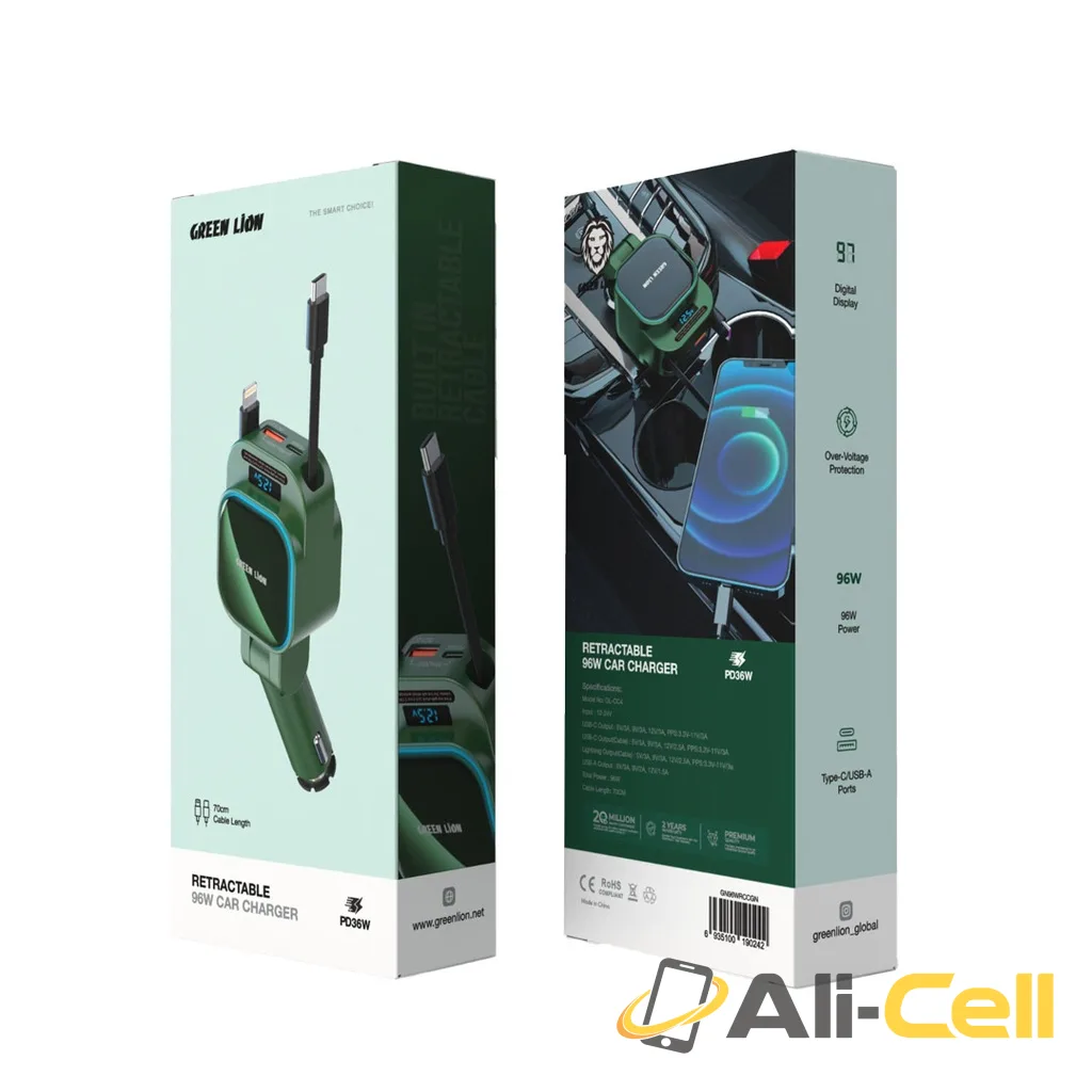 Green Lion Retractable 96W Car Charger - Green — 2