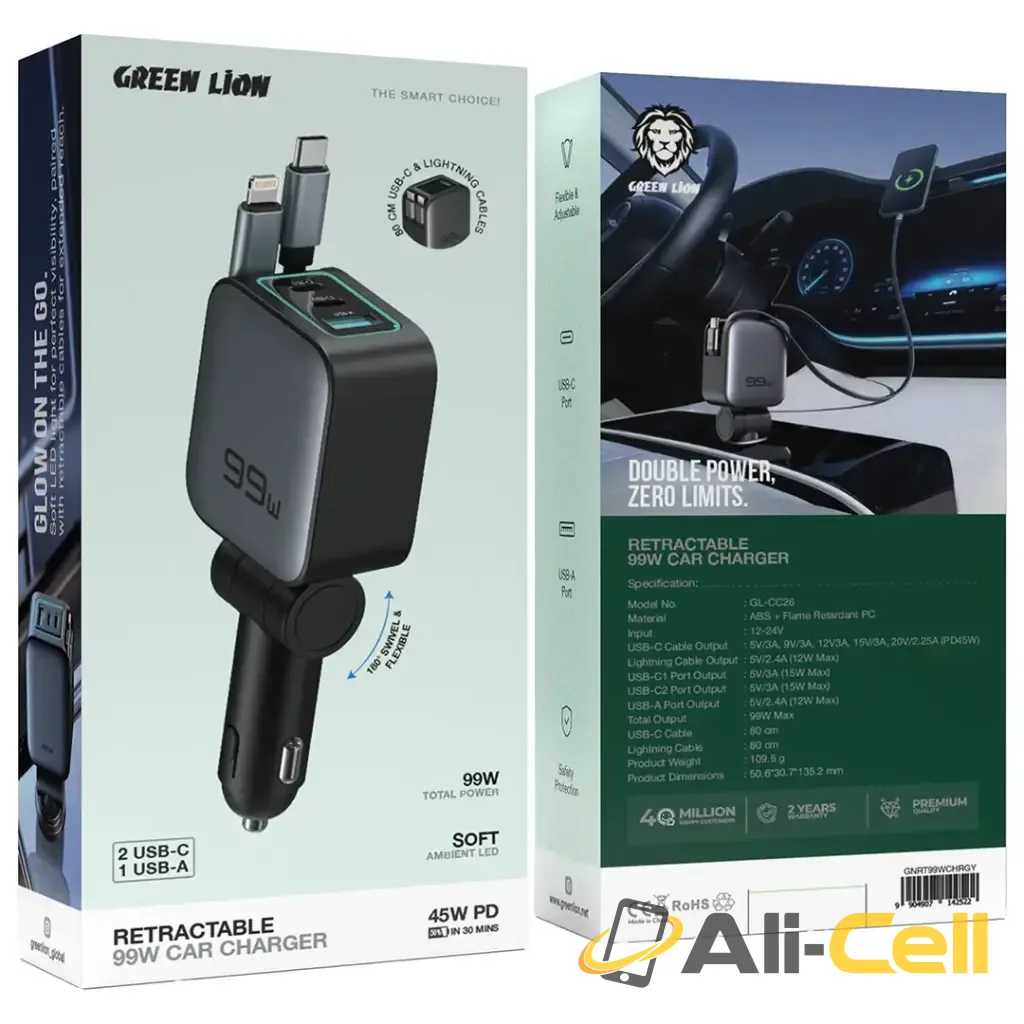 Green Lion Retractable 99W Car Charger - Black — 2