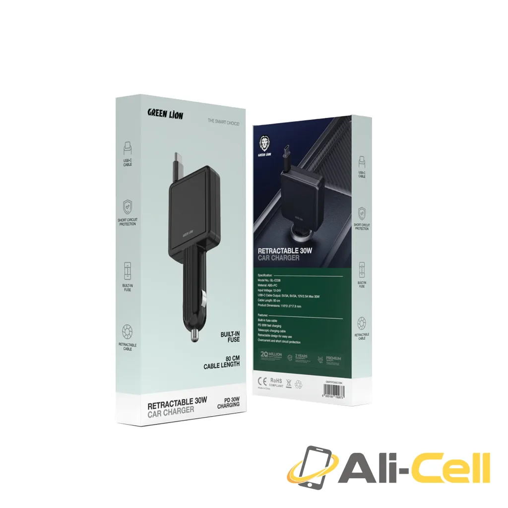 Green Lion Retractable PD 30W Car charger - Black — 2