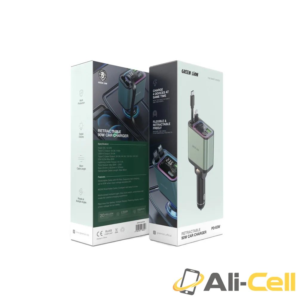 Green Lion Retractable 90W Car Charger - Green — 2