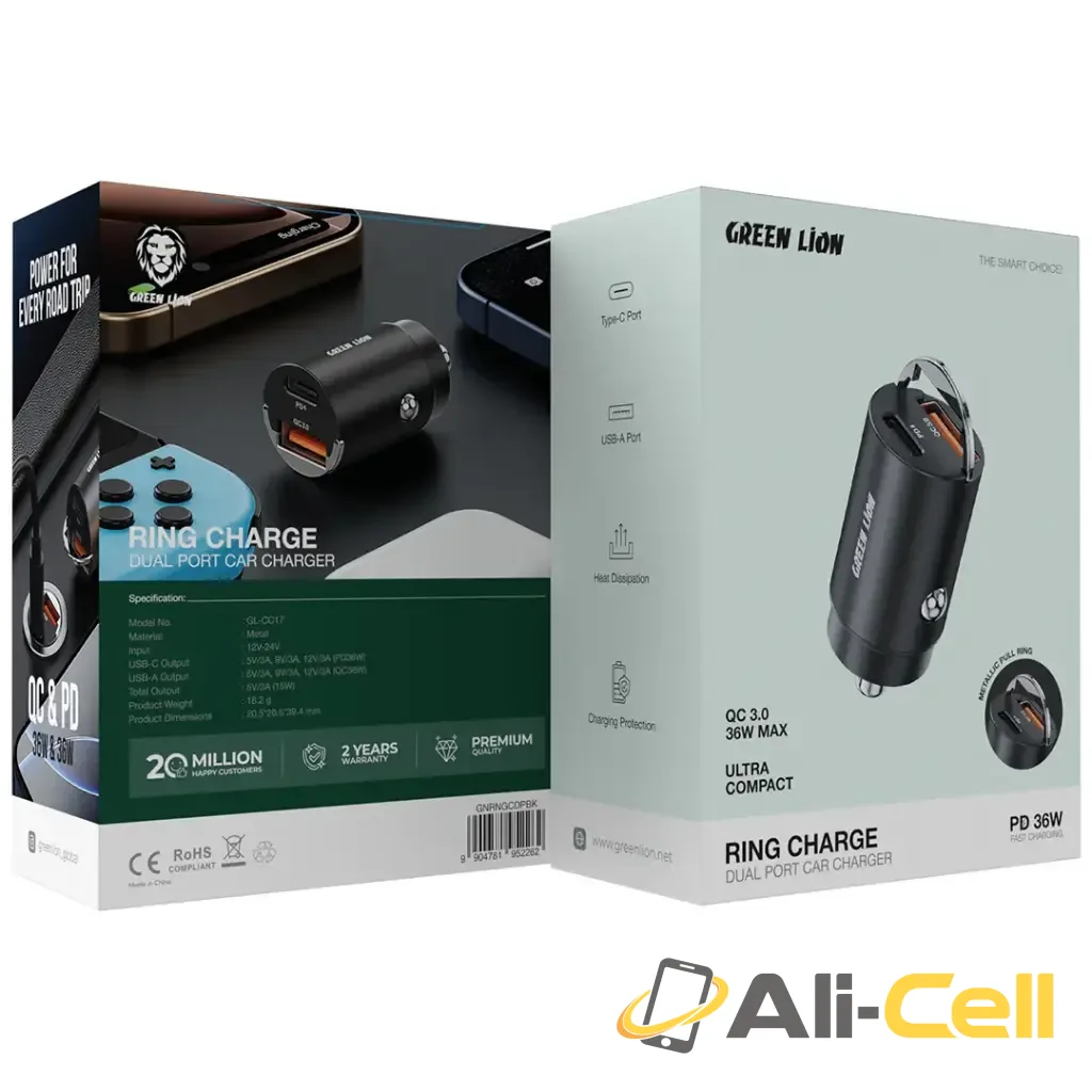 Green Lion Ring Charge Dual Port Car Charger PD 36W - Black — 2