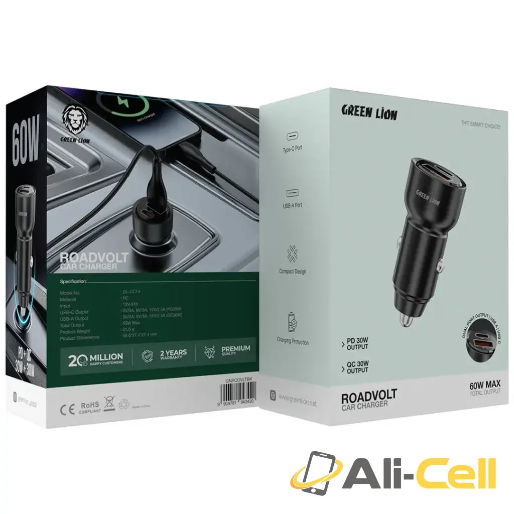 Green Lion RoadVolt Car Charger PD + QC 60W - Black — 2