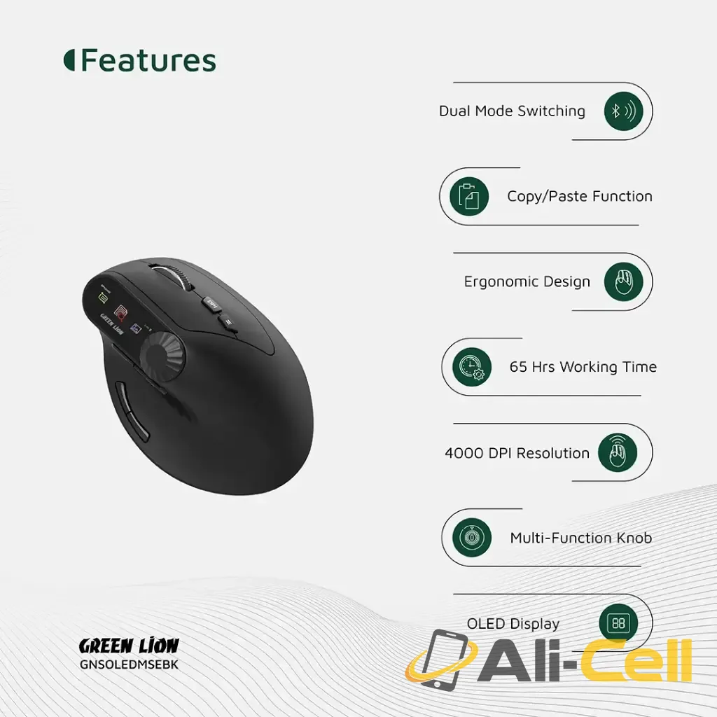 Green Lion Smart OLED Vertical Mouse - Black — 3