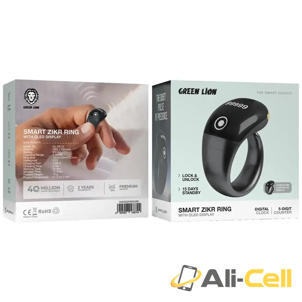 Green Lion Smart Zikr Ring with OLED Display - Black — 2