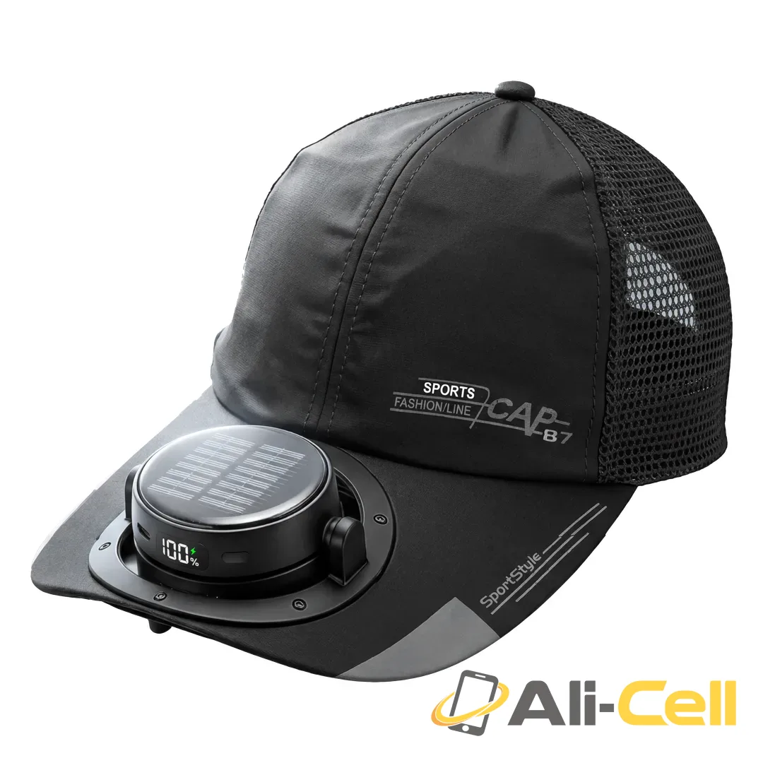 Green Lion Solar Cooler Cap with Rechargeable Bladeless Fan - Black