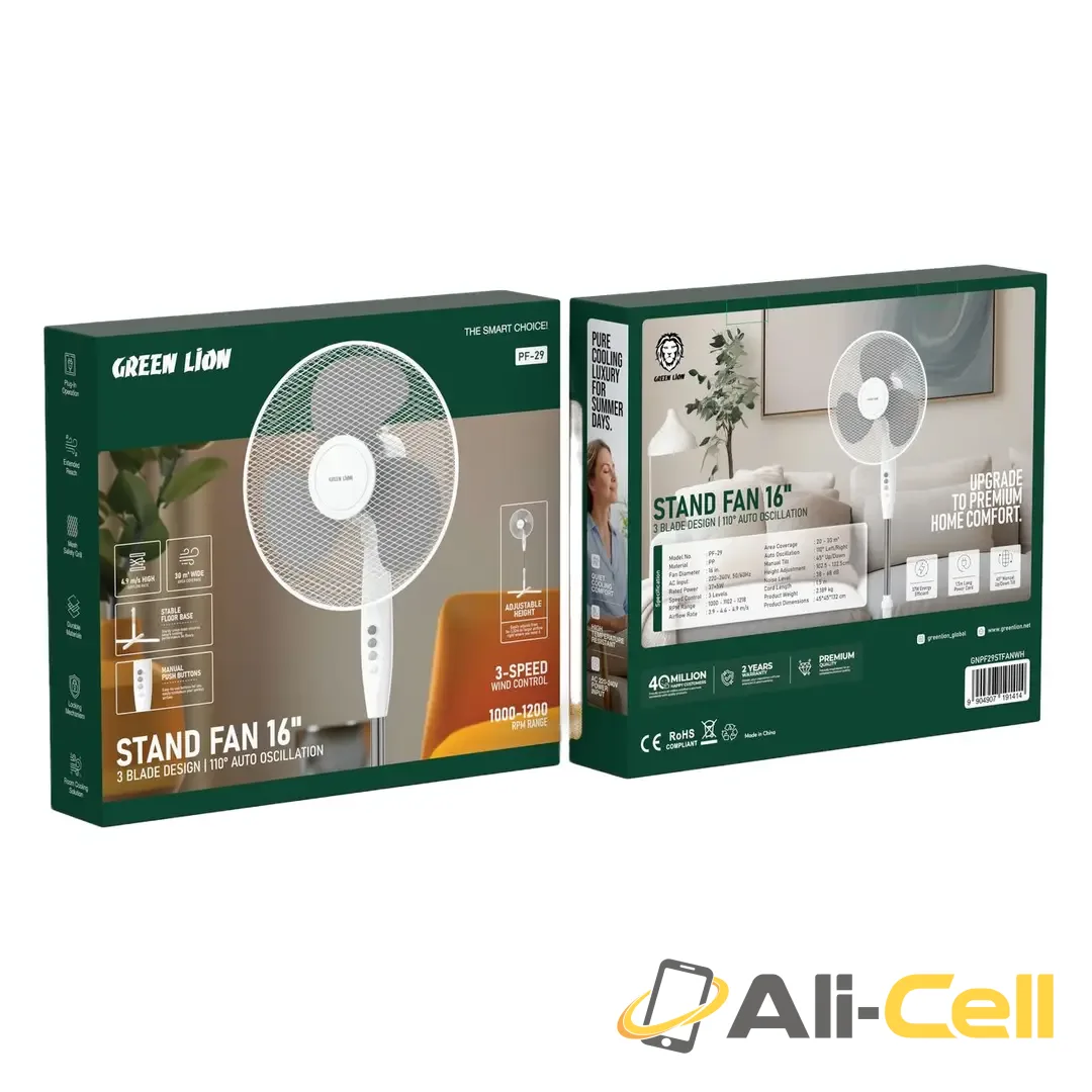 Green Lion Stand Fan 16'' with 3 Blade Design & 110° Auto Oscillation - White — 2