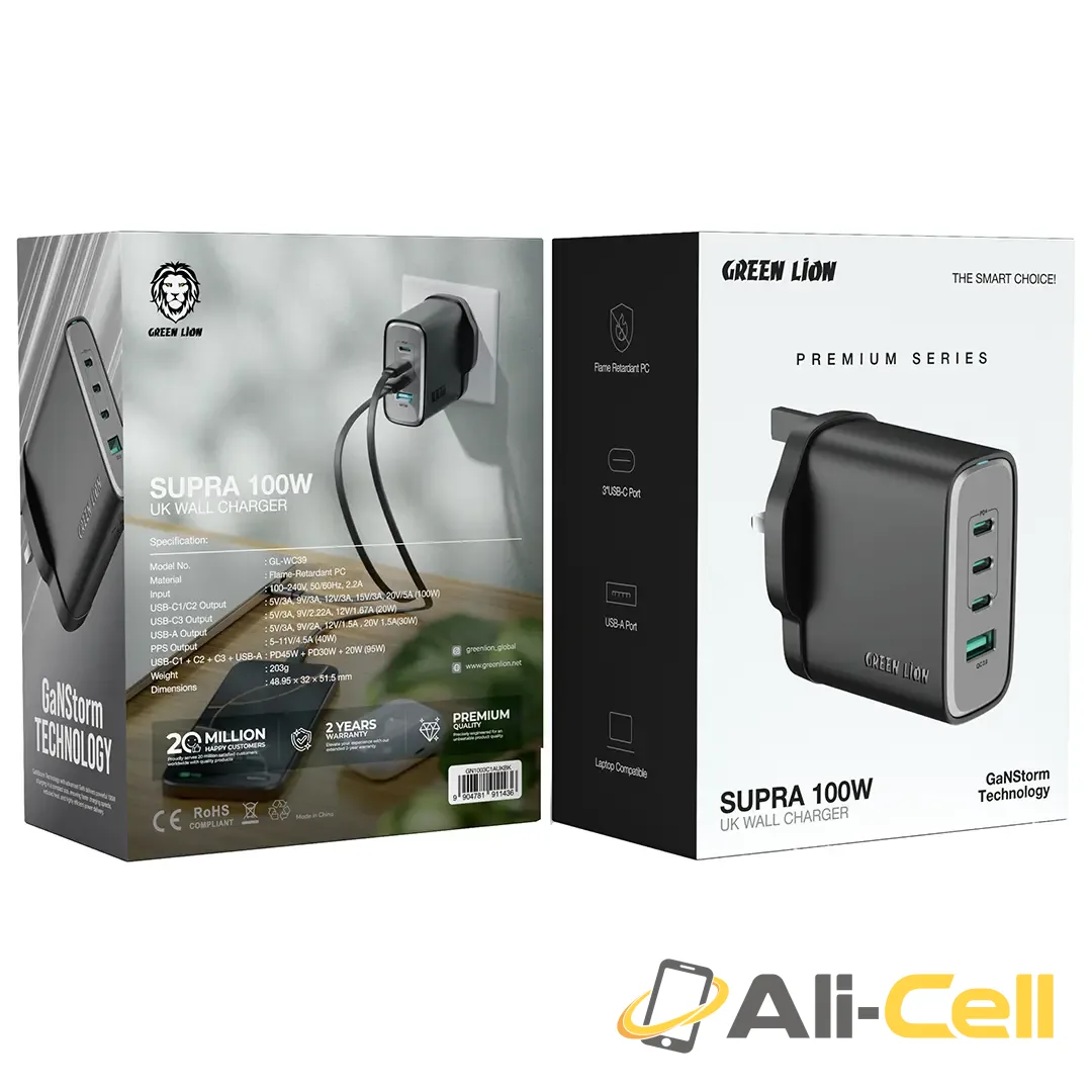 Green Lion Supra 100W UK Wall Charger - Black — 2