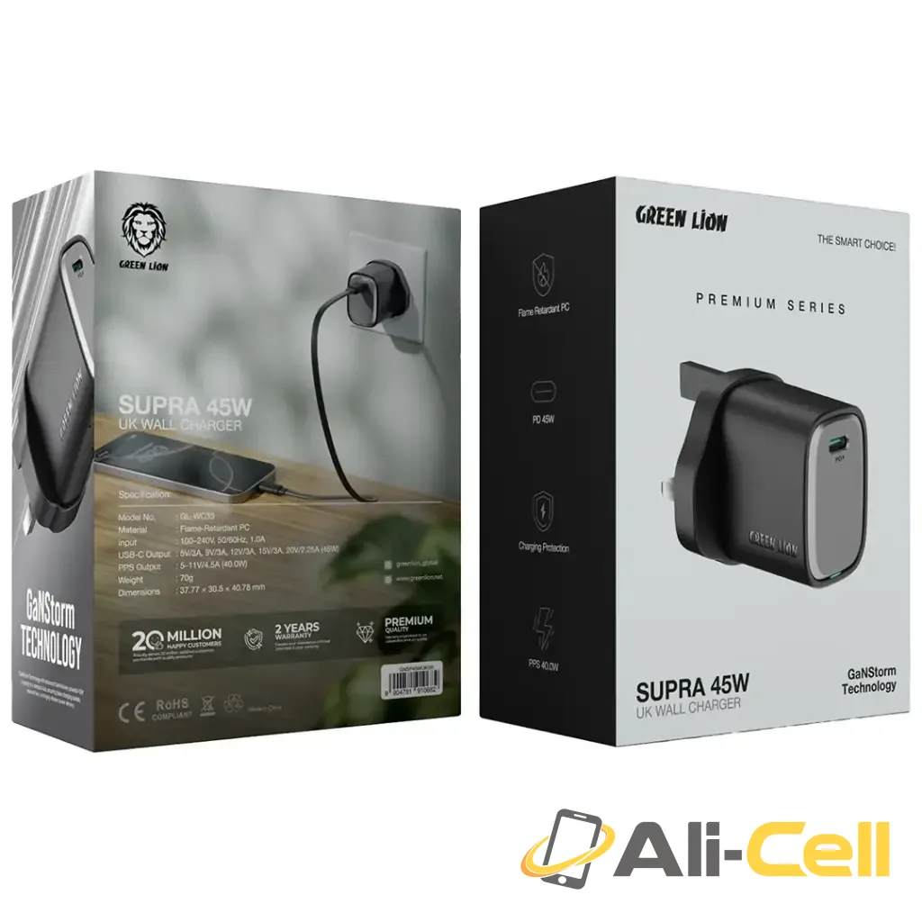 Green Lion Supra 45W UK Wall Charger - Black/Grey — 2