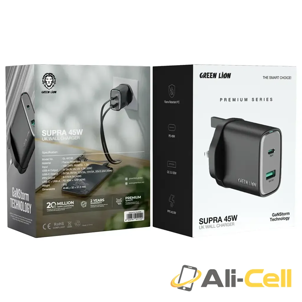 Green Lion Supra 45W UK Wall Charger - Black — 2