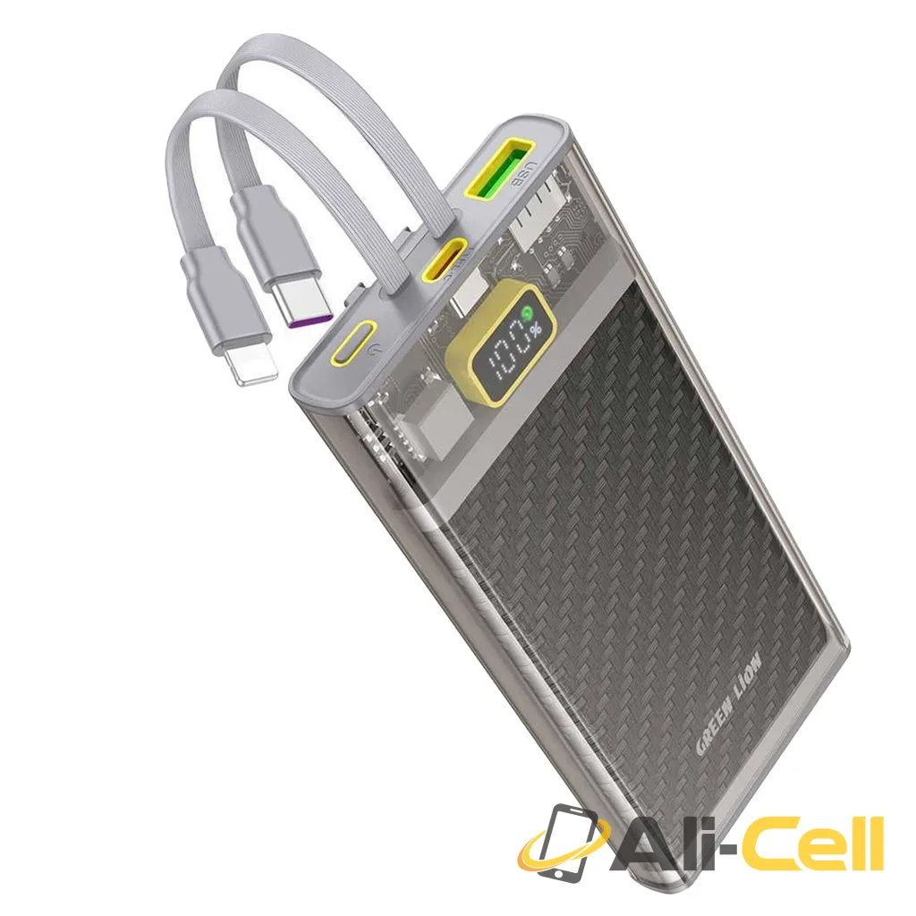 Green Lion Transparent 2 Power Bank with Integrated Cables 10000mAh PD 20W - Gray